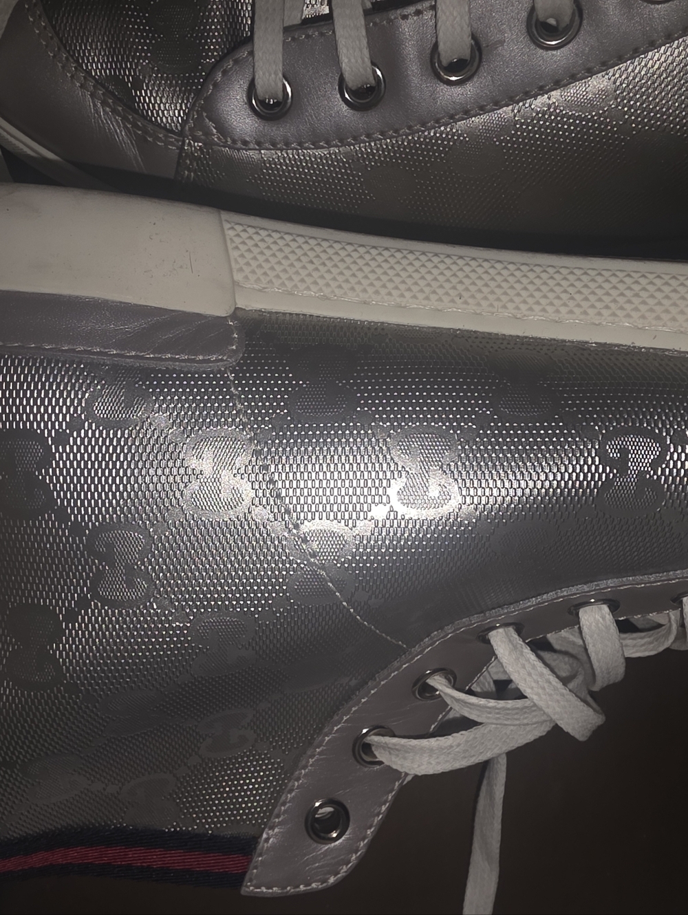 Gucci Silver High-Top Sneakers with Signature Monogram and Web Stripe - Picture 3 of 11